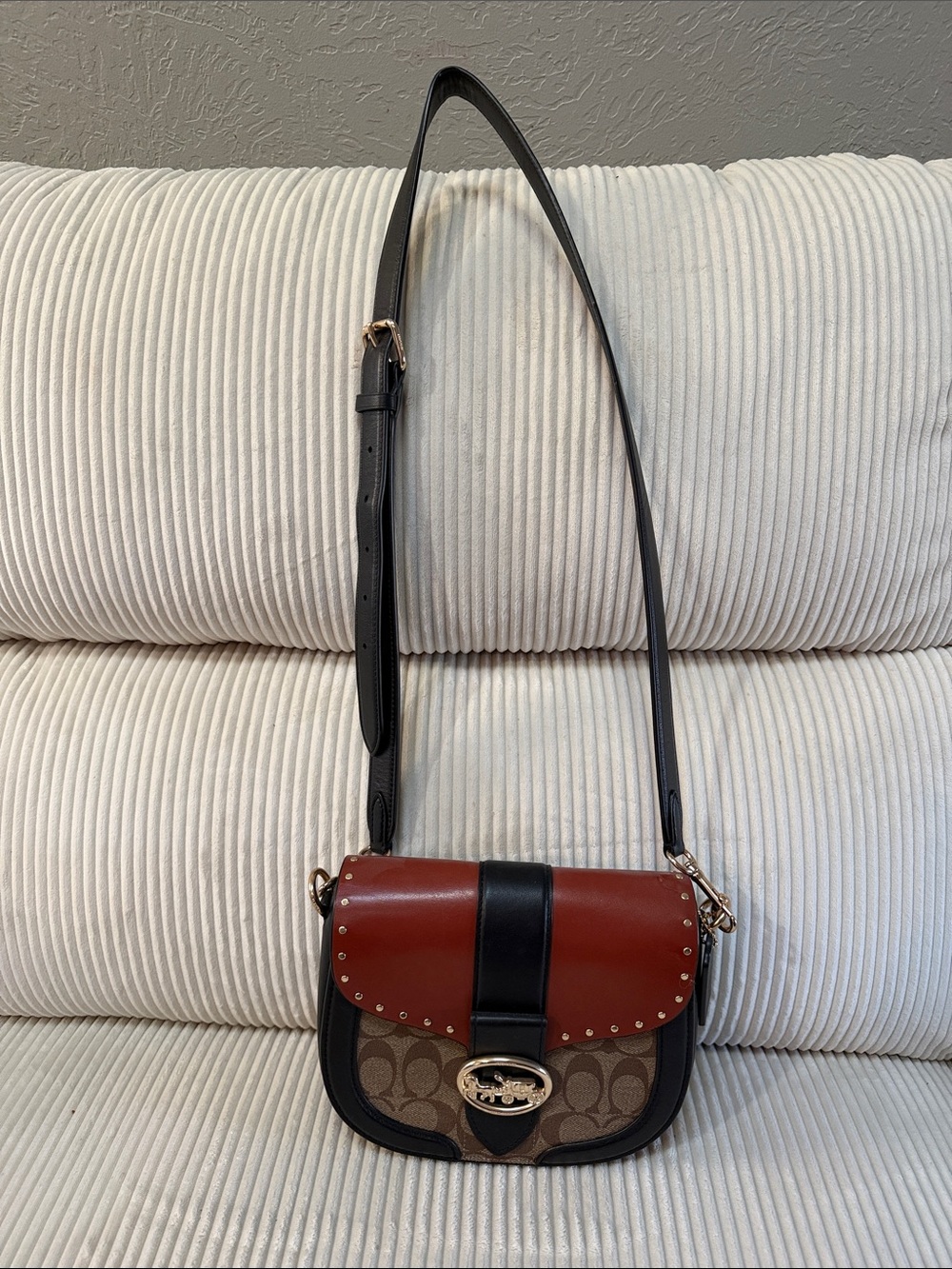 Coach Brown & Black Signature Crossbody with Studded Leather Flap